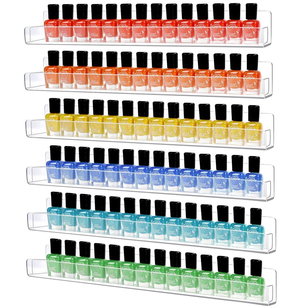 AumVum 6 Pack Nail Polish Organizer Wall Mounted Shelf with Removable Anti-Slip Inserts, Paint Rack Acrylic Display for Salon Vanity Table Organization, Holds 90 Bottles, 15 Inch