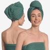 100% Organic Cotton Hair Drying Waffle Towel Wrap for Women | Absorbent & Quick Dry Head Turban for Wet Hair in Shower Sauna Spa, Extra Large for Long Straight Curly Plopping Button (Green, 1 PACK) view 1