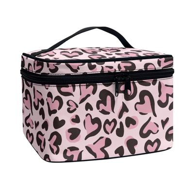 Fishoutleap Heart Leopard Cute Makeup Bag Small Travel Cosmetic Bags for Women Makeup Travel Case Hard Cosmetic Organizer Bag Small Makeup Bag Box Valentine's Day Makeup Lover Gift Ideas