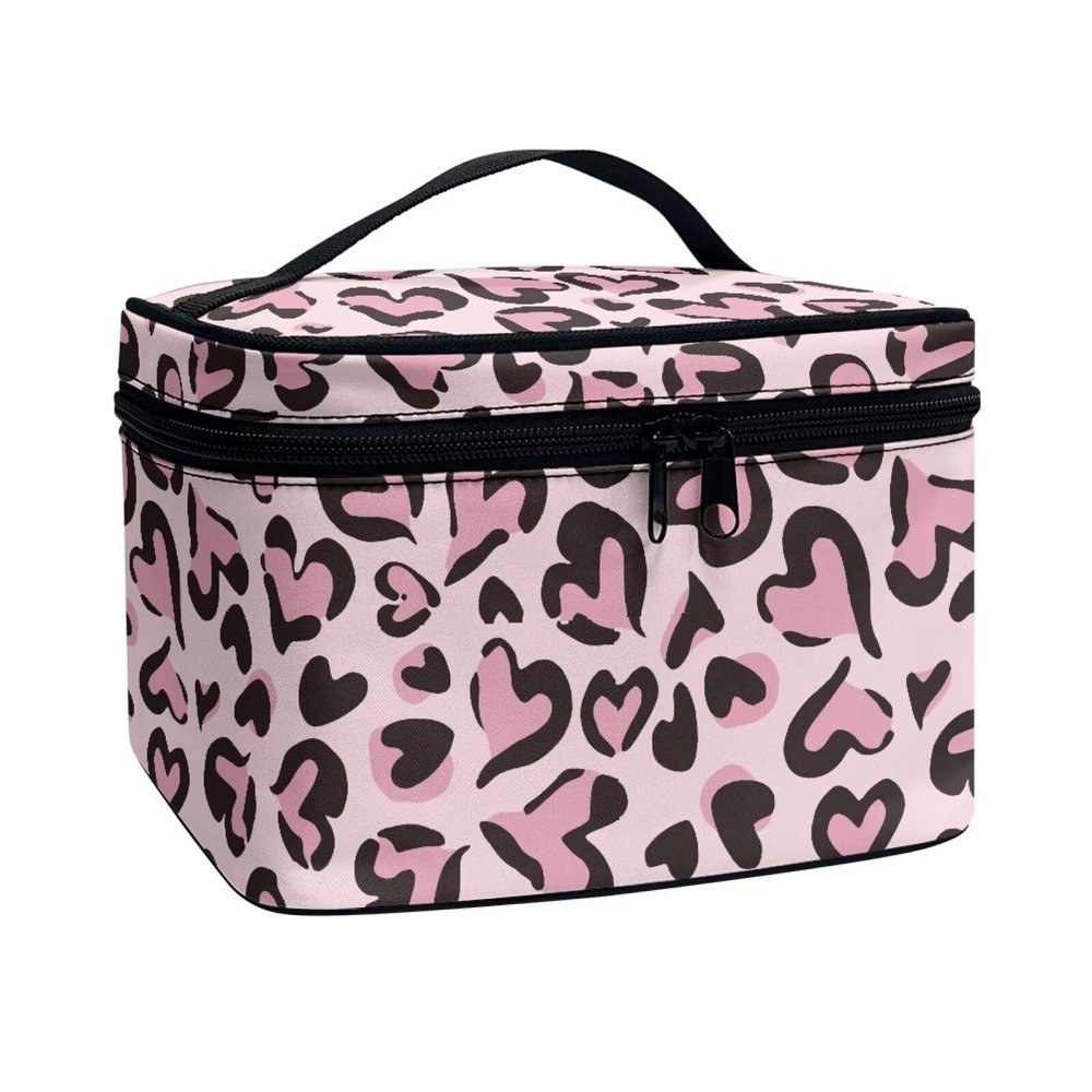 Fishoutleap Heart Leopard Cute Makeup Bag Small Travel Cosmetic Bags for Women Makeup Travel Case Hard Cosmetic Organizer Bag Small Makeup Bag Box Valentine's Day Makeup Lover Gift Ideas