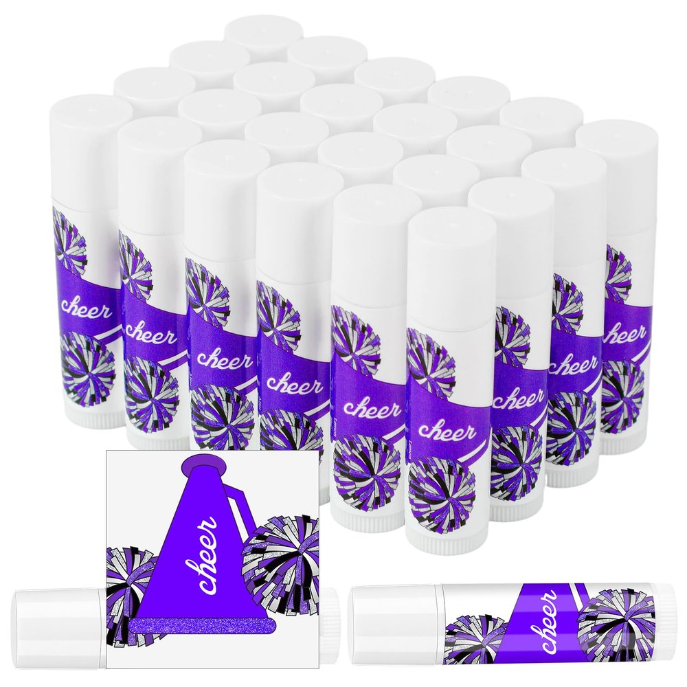 Suttmin 24 Pcs Cheer Lip Balm Cheer Teams Camp Gifts Pom Pom Leaders Party Favors Gear Lip Balm Valentine's Day Gift for Competitive Party Guest Supplies(Purple)