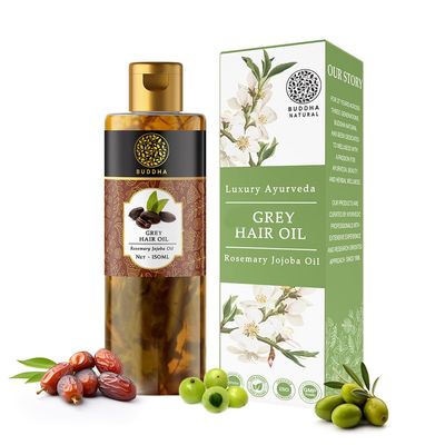 Buddha Natural Hair Oil for Greys & Whites (150 ml, 5.1 Oz) - Restore Natural Black Color of Hair With Unique Herbs oil blend For Men and Women - 100% Ayurvedic - No Mineral Oil