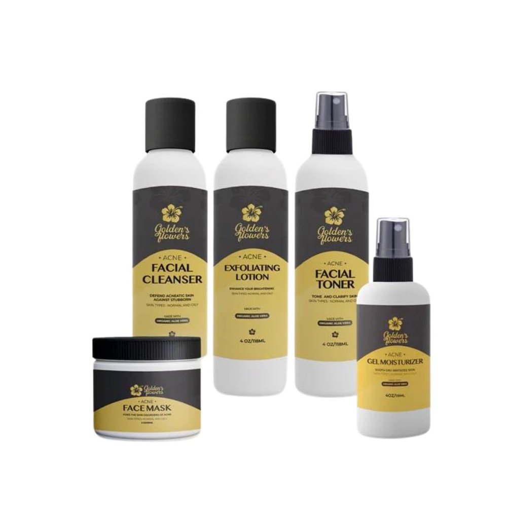 Golden's Flowers Radiant Skin Transformation 5-Piece Kit - Perfect Regimen for Acne Prone Skin, Deep-Cleanse, Nourish & Hydrate the Skin - Aloe-Infused Sulfate-Free Formula for Men & Women