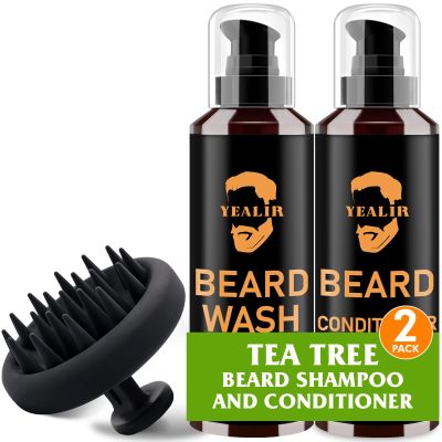 Beard Wash, Beard Conditioner w/Tea Tree Oils, Reduces Beard Dandruff & Relieves Itching, Strengthens, Softens and Nourishes Dry & Coarse Beards - Beard Shampoo w/Beard Brush 2 x 4 Fl Oz