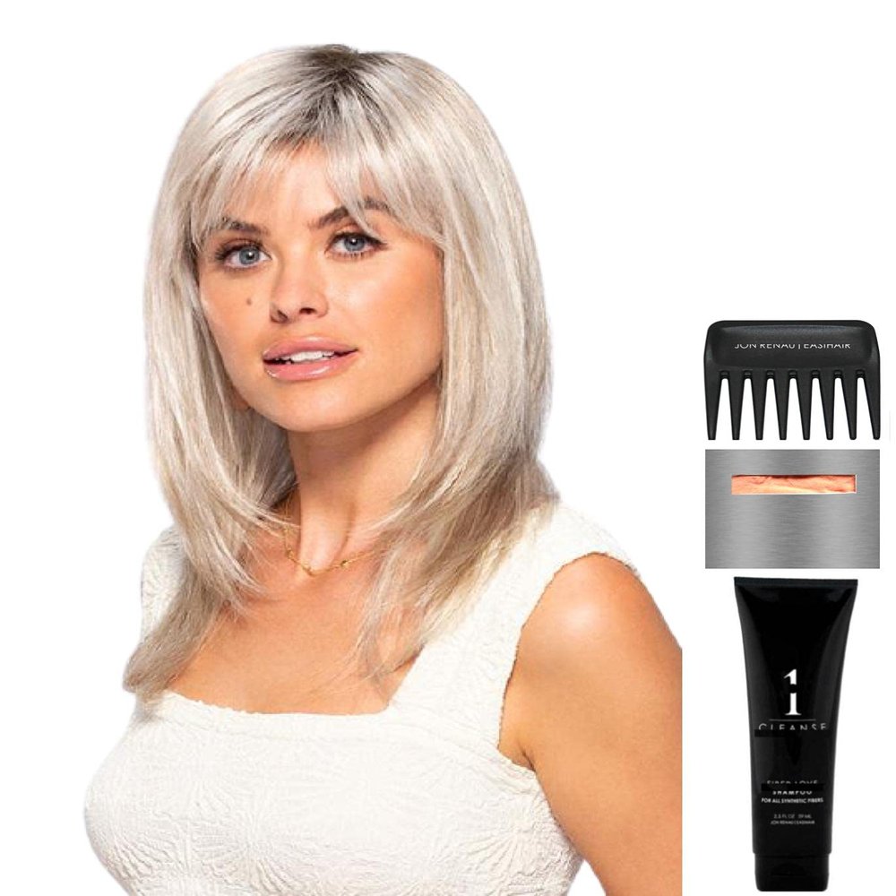 Bundle - 5 items: Angelique Wig by Jon Renau, Christy's Wigs Q & A Booklet, 2oz Travel Size Wig Shampoo, Wig Cap & Wide Tooth Comb - Color: FS27