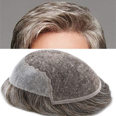 Healthlif Mens Toupee Human Hair Replacement System Soft Swiss Lace Bleached Knot Hair System For Men Hairpiece Toupee For Men Natural Hairline 7"X9" #550#5 MEDIUM LIGHT BROWN+50% GREY 90% Density