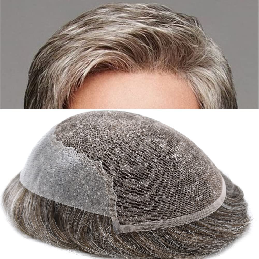 Healthlif Mens Toupee Human Hair Replacement System Soft Swiss Lace Bleached Knot Hair System For Men Hairpiece Toupee For Men Natural Hairline 7"X9" #550#5 MEDIUM LIGHT BROWN+50% GREY 90% Density