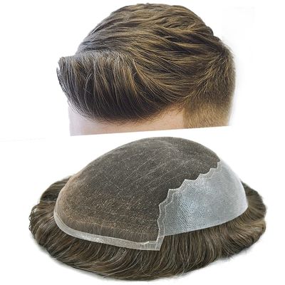Toupee For Men Real Human Hair Mens Toupee Hair Replacement System Swiss Lace Hair Piece For Men Hair System Protesis Capilar Para Hombre7x9''-100% light to Medium density#420 4# MEDIUM BROWN+20%GREY
