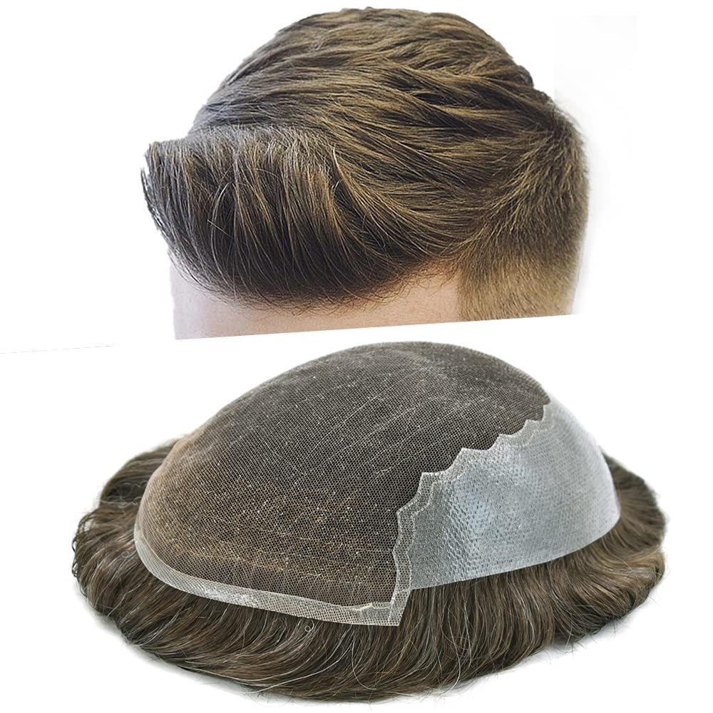 Toupee For Men Real Human Hair Mens Toupee Hair Replacement System Swiss Lace Hair Piece For Men Hair System Protesis Capilar Para Hombre7x9''-100% light to Medium density#420 4# MEDIUM BROWN+20%GREY