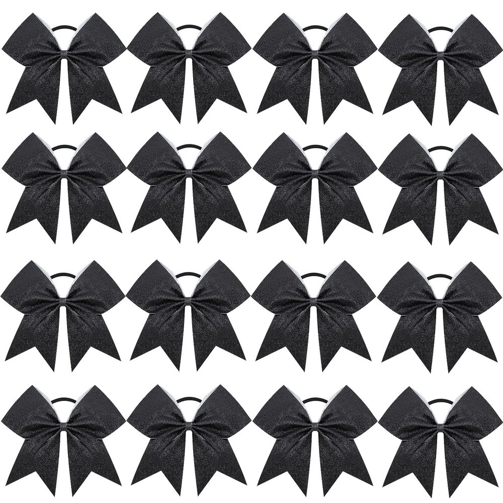 16PCS 8" Large Glitter Cheer Bows for Cheerleaders, CN Sparkly Hair Bows with Elastic Hair Ties Accessories for Teens Girls Women Cheerleading Softball Competition Sports (Black)