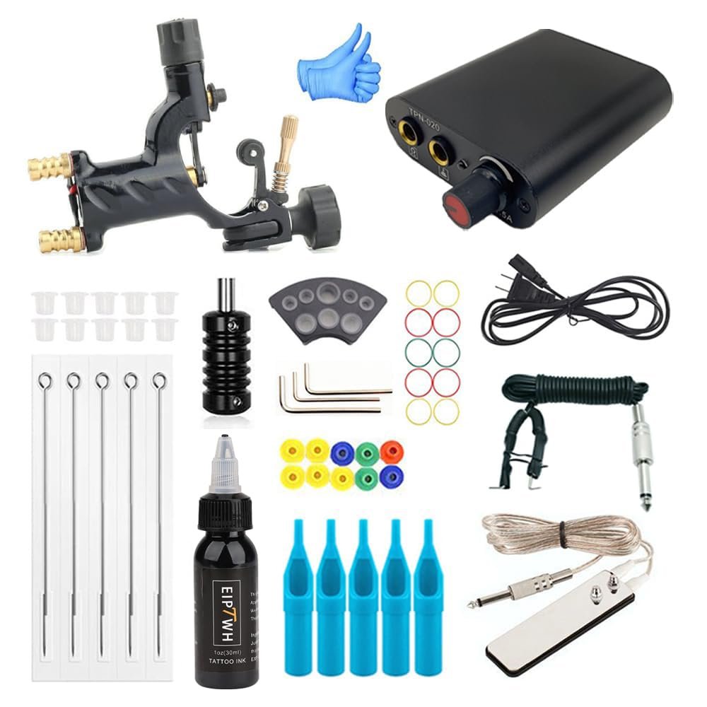 Black Dragonfly Motor Tattoo Machine Kit 1 Mini Power Supply 5 Disposable Tattoo Needle 1 black 30ml tattoo ink and 1 Stainless steel pedal Double Interface Tattoo Kit