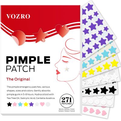 VOZRO Pimple Patches for Face, Cute Pimple Patches Stars, Colorful Hydrocolloid Acne 271Patches 6 Sizes with Salicylic Acid, Tea Tree & Centella Oil (Round,Star,Peach Shapes)