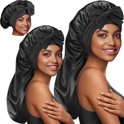 2Pcs Long Satin Silk Hair Bonnet for Sleeping Women, Sleep Bonnet Cap with Tie Band for Curly Hair Braid locs,Black