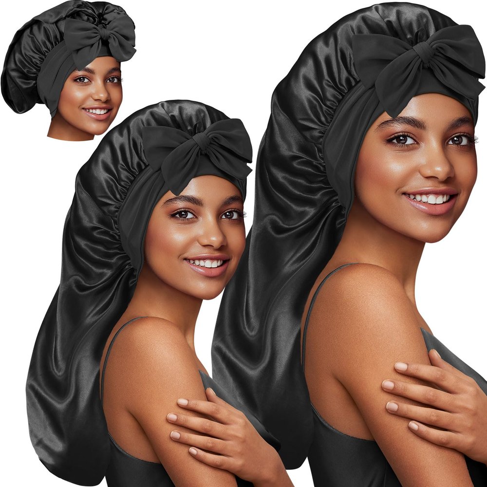 2Pcs Long Satin Silk Hair Bonnet for Sleeping Women, Sleep Bonnet Cap with Tie Band for Curly Hair Braid locs,Black