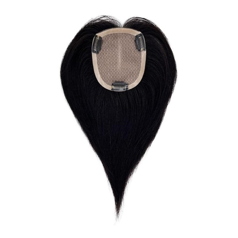 10x12cm Hand Tied Human Hair Straight Traceless One Piece Three Clips Clip in Hair Toppers Thinning Hair for Woman (Natural balck,20cm/8inch)