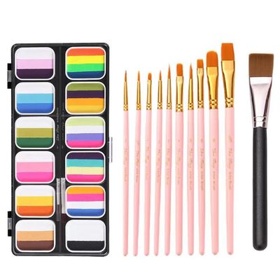 Professional Face & Body Paint Kit For Kids Adults12 x 10gm Face Paint Set Stencil One Stroke Split Cakes Palette, Come with 11 Brushes (Pink)