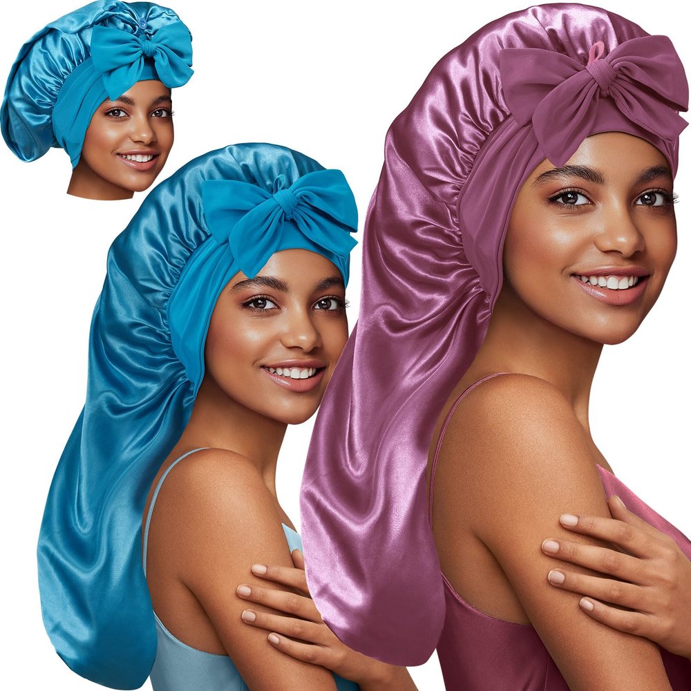 2Pcs Long Satin Silk Hair Bonnet for Sleeping Women, Sleep Bonnet Cap with Tie Band for Curly Hair Braid locs,Teal Pink