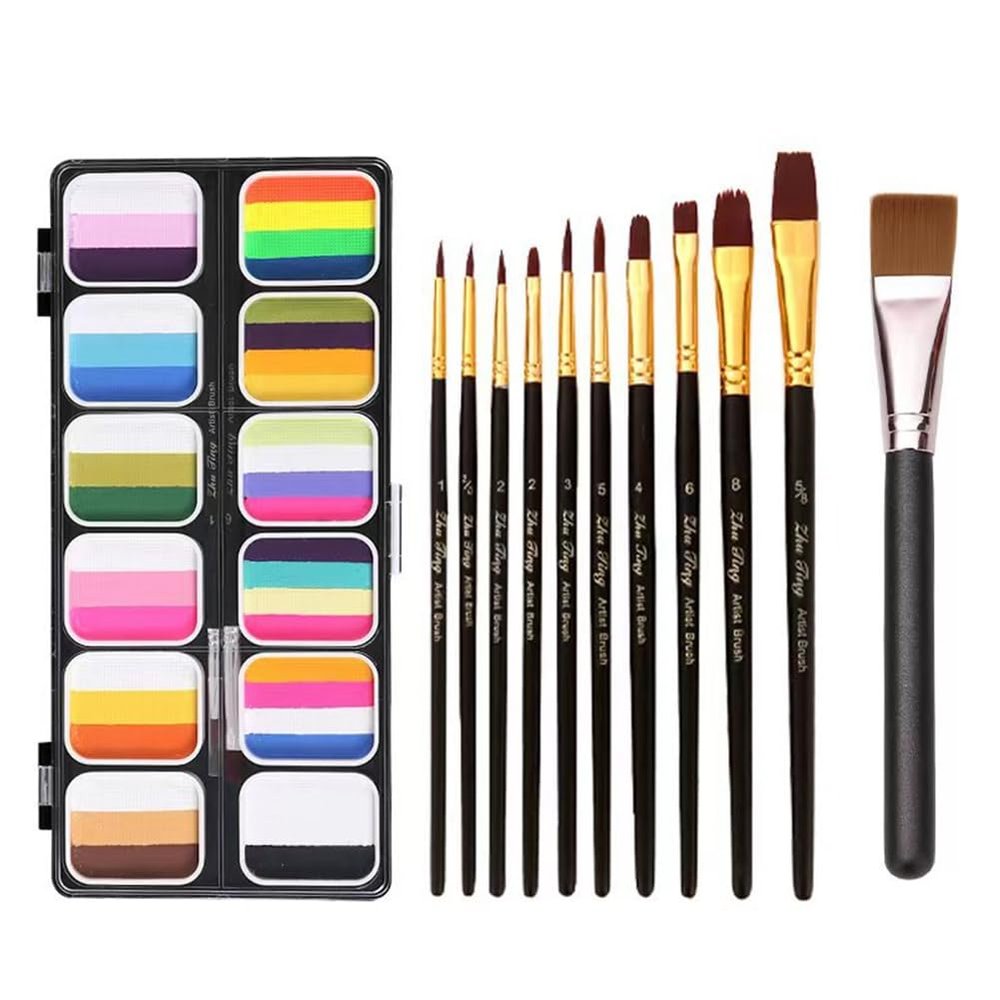Professional Face & Body Paint Kit For Kids Adults12 x 10gm Face Paint Set Stencil One Stroke Split Cakes Palette, Come with 11 Brushes (Black)