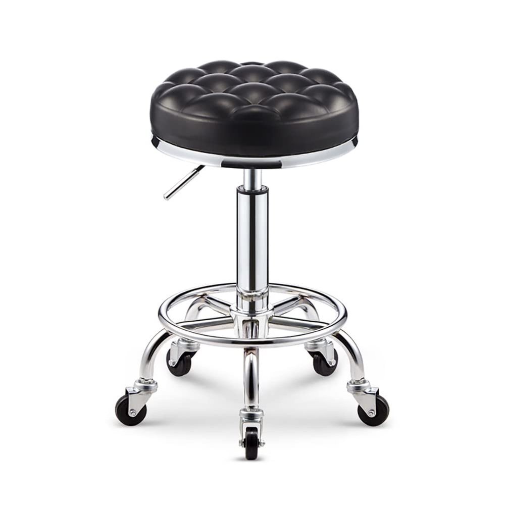 Cosmetic Stool Chair Round Stool On Wheels and Foot Rest Adjustable Height 17.7-22.8In Pu Leather Stools Rolling Chair for Spa Hair Tattoo Massage Lab Home Bar (Black)