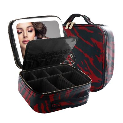 MOMIRA Makeup Train Case Makeup Bag with Light up Mirror Cosmetic Bag Organizer Detachable Portable Travel Makeup Case with Adjustable Dividers Makeup Brushes Storage, Waterproof,Zebra-Red