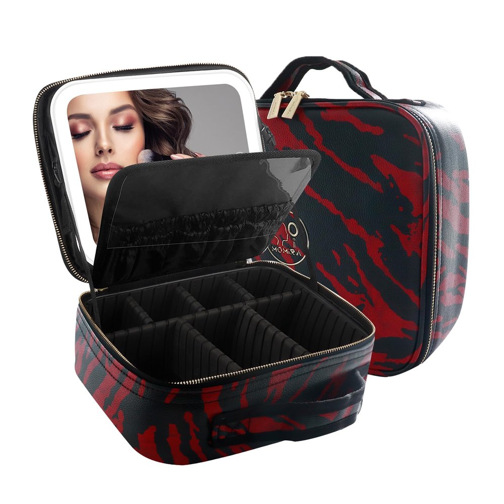 MOMIRA Makeup Train Case Makeup Bag with Light up Mirror Cosmetic Bag Organizer Detachable Portable Travel Makeup Case with Adjustable Dividers Makeup Brushes Storage, Waterproof,Zebra-Red