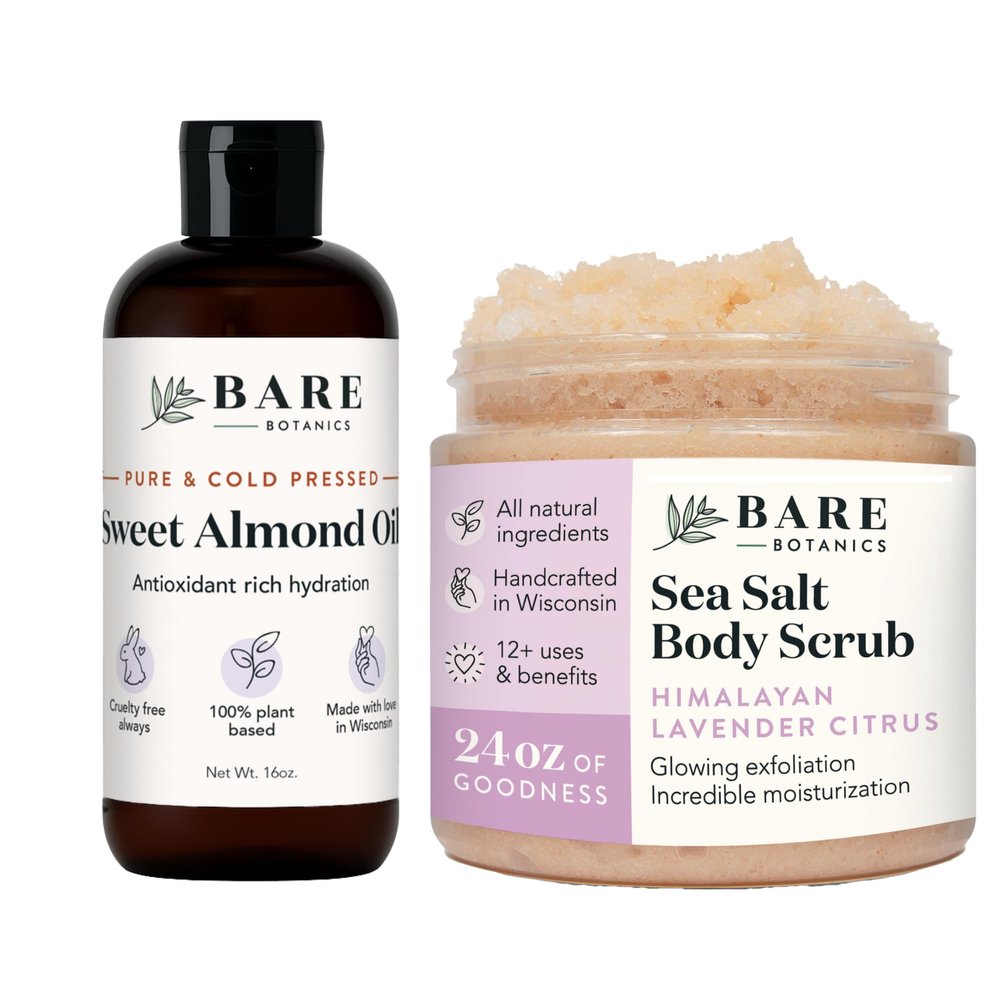 Bare Botanics Sweet Almond Hair & Body Oil + Lavender Grapefruit Body Himalayan Salt Scrub