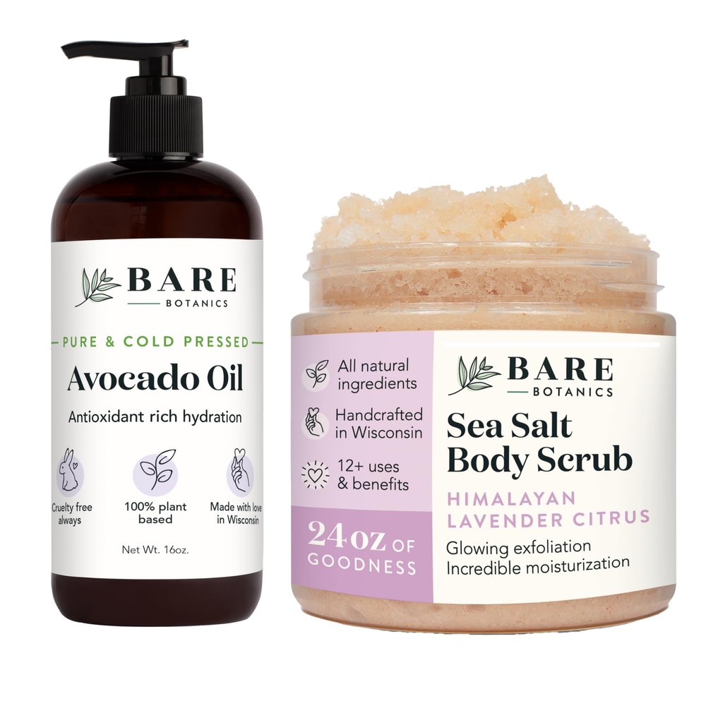 Bare Botanics Sweet Almond Hair & Body Oil + Lavender Grapefruit Body Himalayan Salt Scrub