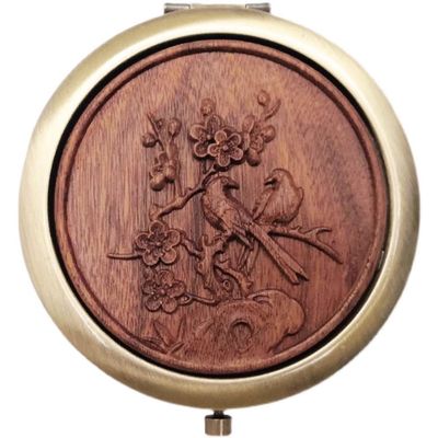7cm Vintage Style Solid Wood Green Sandalwood Carved Portable Circular Folding Chinese Makeup Mirror