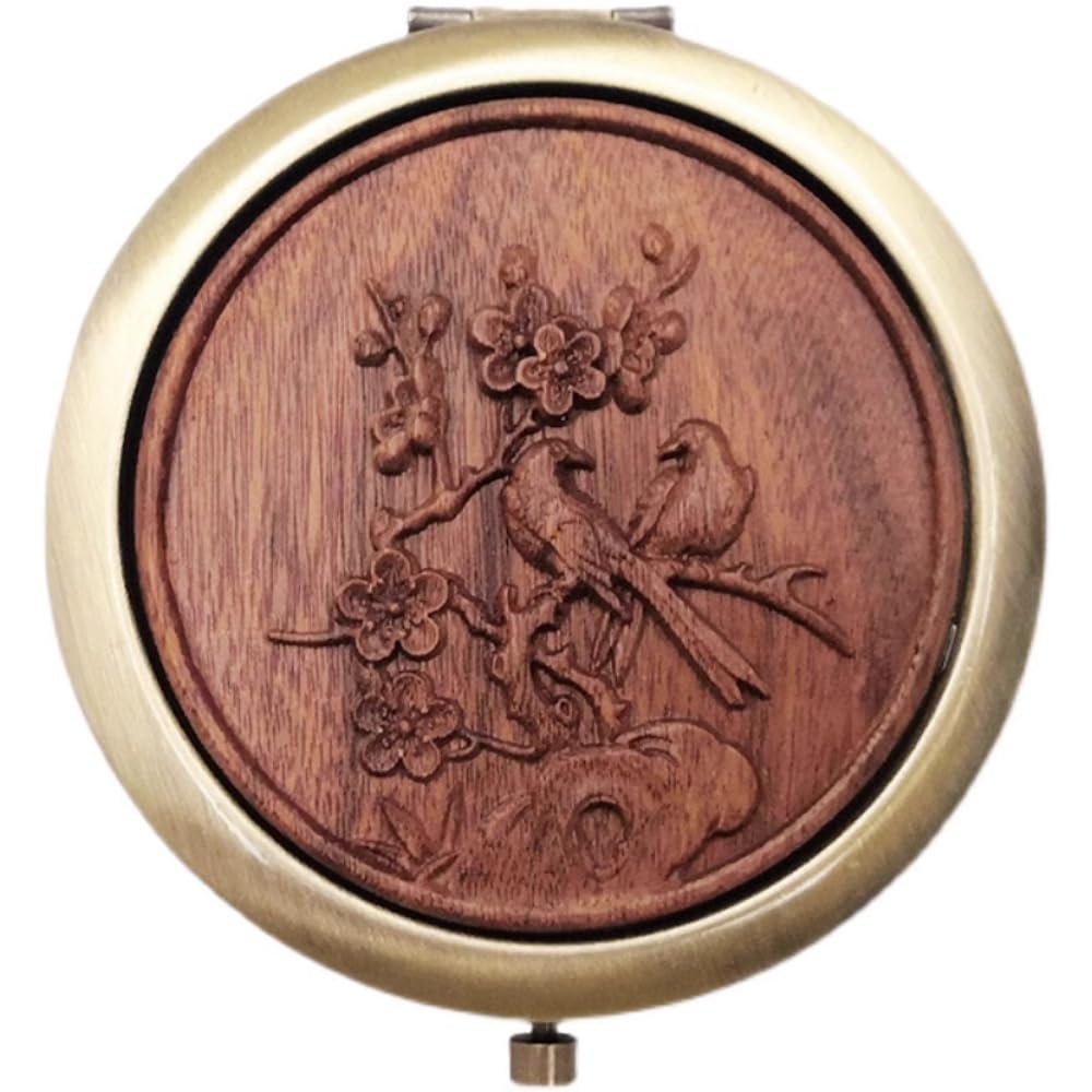 7cm Vintage Style Solid Wood Green Sandalwood Carved Portable Circular Folding Chinese Makeup Mirror