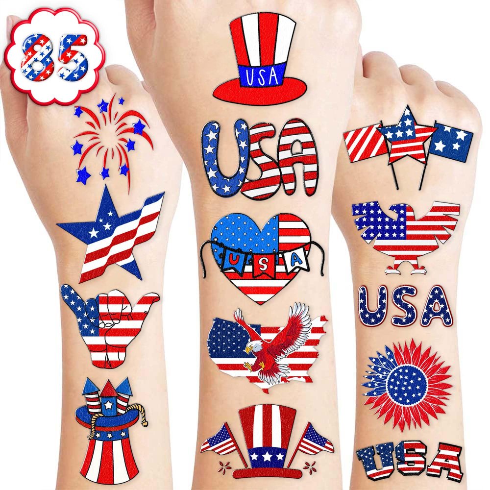 100PCS USA Patriotic Temporary Tattoos American Flag 4th of July Party Decorations, Freedom Theme Supplies, Fun Favors & Stickers for Kids Adults, Birthday or Independence Day Prizes
