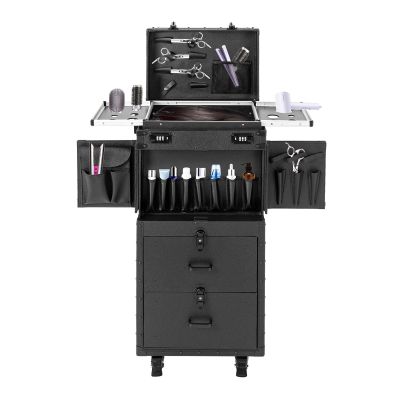 CNCEST Beauty Salon Luggage, Rolling Lockable Hair Stylist Travel Case Hairdressing Trolley Stylist Beauty Salon Cosmetic Luggage Travel Organizer Tool Box with Hair Dryer Holder(All Black)