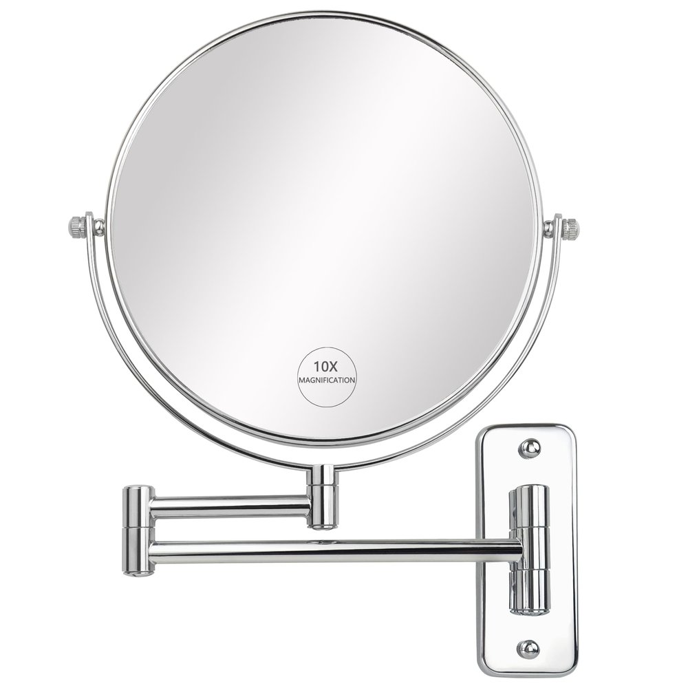 JANEEVA 8" Wall Mounted Makeup Mirror, 10X Magnifying Mirror with 360 Extendable Arm - Double Sided Vanity Mirror for Bathroom (Chrome)