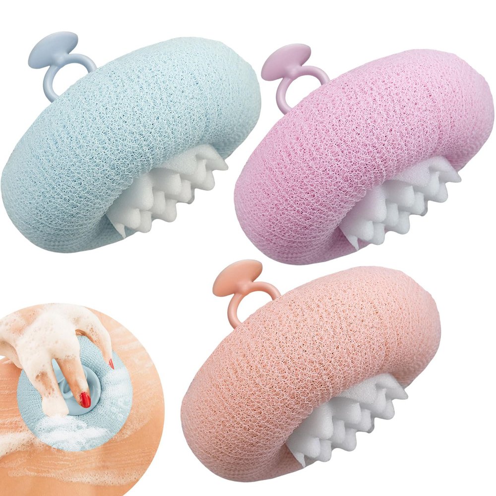 FWUNYVN 3Pcs 2-in-1 Sunflower Bath Ball, Super Soft Exfoliating Bath Sponge Cleaning Brush, Bath Loofah SpongeHangable Suction Cup Bath Ball for Women Men(Pink+Blue-Green+Purple)