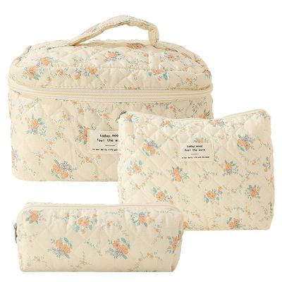 Juoxeepy Quilted Makeup Bag - Floral Cotton Cosmetic Pouch