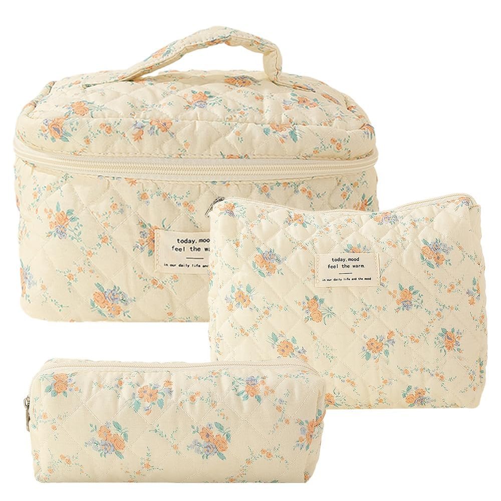 Juoxeepy Quilted Makeup Bag - Floral Cotton Cosmetic Pouch