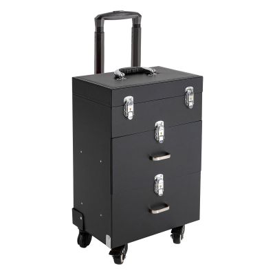 DUTTIETY Rolling Makeup Train Case Professional Large Makeup Trolley Case with 4 Universal Wheel 3 Trays for Cosmetic Nail Polish Organizer Storage Travel Case (Black)
