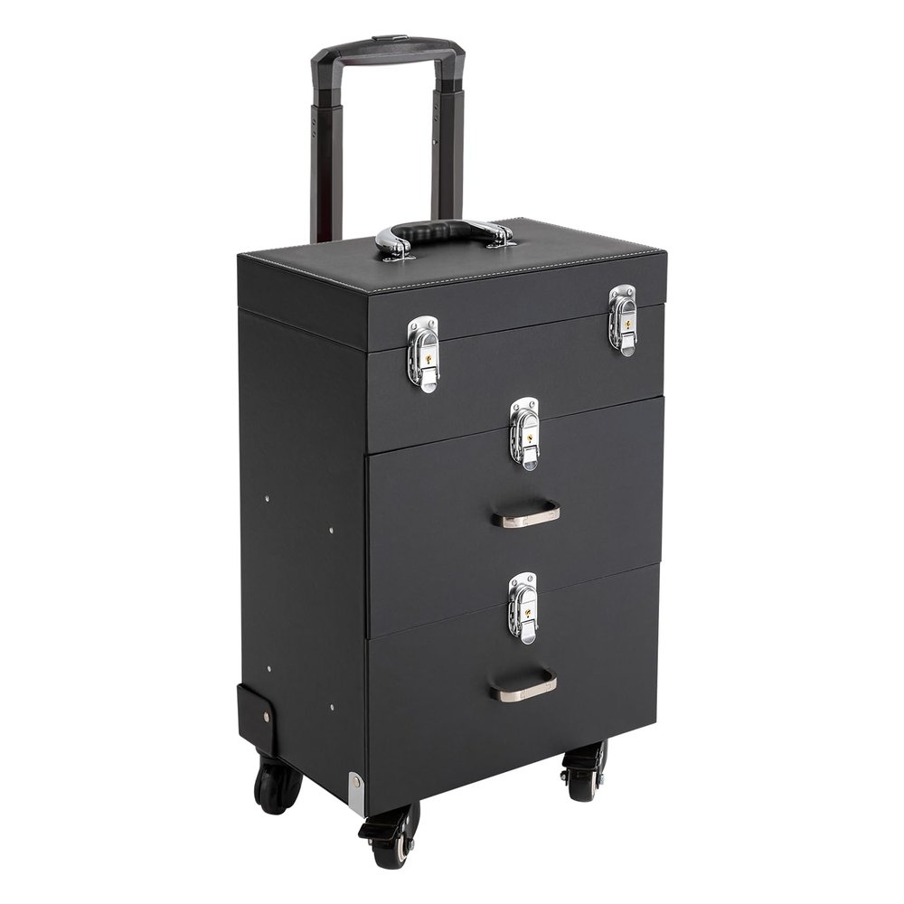 DUTTIETY Rolling Makeup Train Case Professional Large Makeup Trolley Case with 4 Universal Wheel 3 Trays for Cosmetic Nail Polish Organizer Storage Travel Case (Black)