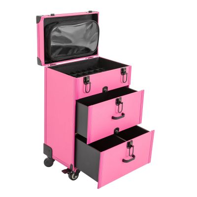 Cbhfmljd Rolling Makeup Case on Wheels, Rolling Train Case Aluminum Trolley Professional Cosmetic Organizer Box w/Drawer Cosmetology Case on Wheels Makeup Storage Organizer (Rose Red)