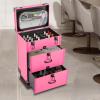 Cbhfmljd Rolling Makeup Case on Wheels, Rolling Train Case Aluminum Trolley Professional Cosmetic Organizer Box w/Drawer Cosmetology Case on Wheels Makeup Storage Organizer (Rose Red) view 2
