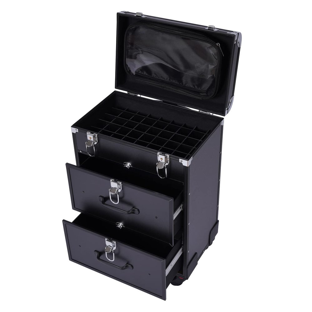 DDBESSIC Rolling Makeup Case Makeup Train Case, 3-Tier Cosmetic Nail Polish Organizer Trolley Case Portable Artists Art Salon Barber Trunk Case on Wheels Jewelry Travel Cart