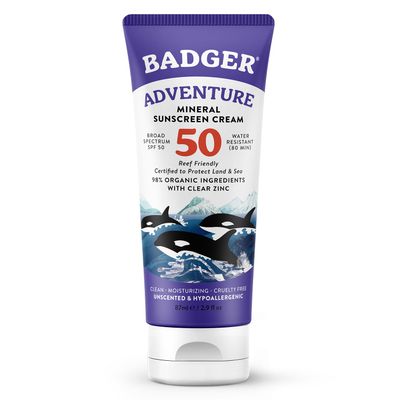 Badger Mineral Sunscreen SPF 50 Zinc Oxide Sunscreen with 98% Organic Ingredients, Reef-Safe, Broad-Spectrum, Hypoallergenic, Water Resistant, Unscented Adventure Sport 2.9 fl oz