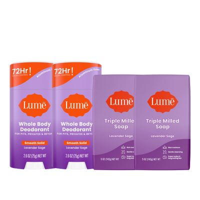 Lume Whole Body Deodorant And Soap - 2.6 Ounce Smooth Solid Stick With 72 Hour Odor Control (Pack of 2) and 5 Ounce Triple Milled Soap (Pack of 2) - Aluminum and Baking Soda Free (Lavender Sage)