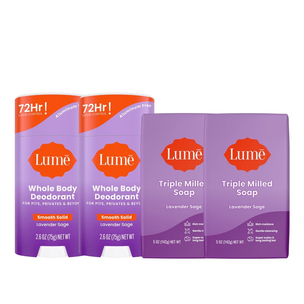 Lume Whole Body Deodorant And Soap - 2.6 Ounce Smooth Solid Stick With 72 Hour Odor Control (Pack of 2) and 5 Ounce Triple Milled Soap (Pack of 2) - Aluminum and Baking Soda Free (Lavender Sage)