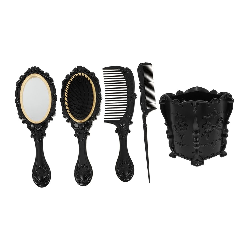 5pcs Vanity Mirror Set with Hair Brush, Detangling Paddle Brush, Hairdressing Combs, and Air Bag Storage Holder for Home Use