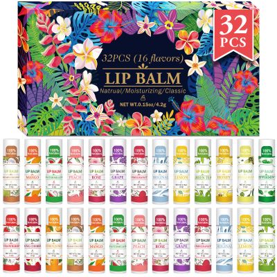 VISRIE 32 Pack Lip Balm, Natural Lip Balm Bulk with Vitamin E and Coconut Oil, Moisturizing Lip Balms for Dry Lips-16 Flavors
