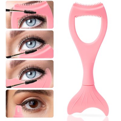3 in 1 Mermaid Mascara Shield Silicone Eyelash Applicator Guard Reusable Eye Makeup Tool with Eyeliner Template Eyelash Separator Tool Eyelash Comb Eyeshadow Auxiliary Tool for Women, Detachable(Pink)