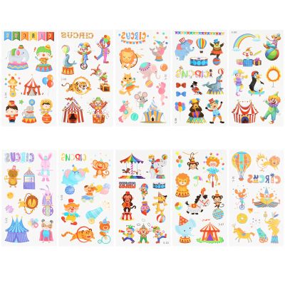 20 Sheets 10 Styles Circus Temporary Tattoos for Kids, Carnival Tattoos Temporary Clown Elephant Balloon Seal Bear Horse Circus Stickers Cartoon Tattoos Carnival Stickers for Party