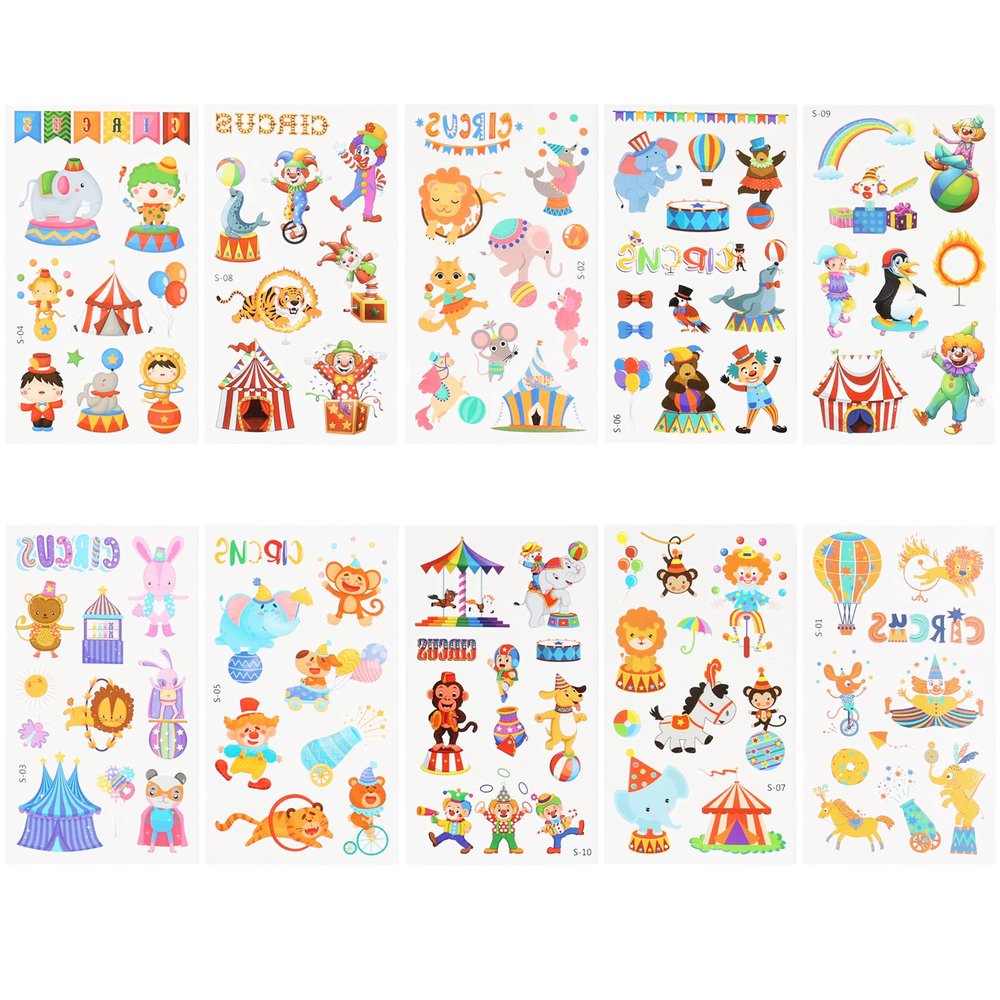 20 Sheets 10 Styles Circus Temporary Tattoos for Kids, Carnival Tattoos Temporary Clown Elephant Balloon Seal Bear Horse Circus Stickers Cartoon Tattoos Carnival Stickers for Party