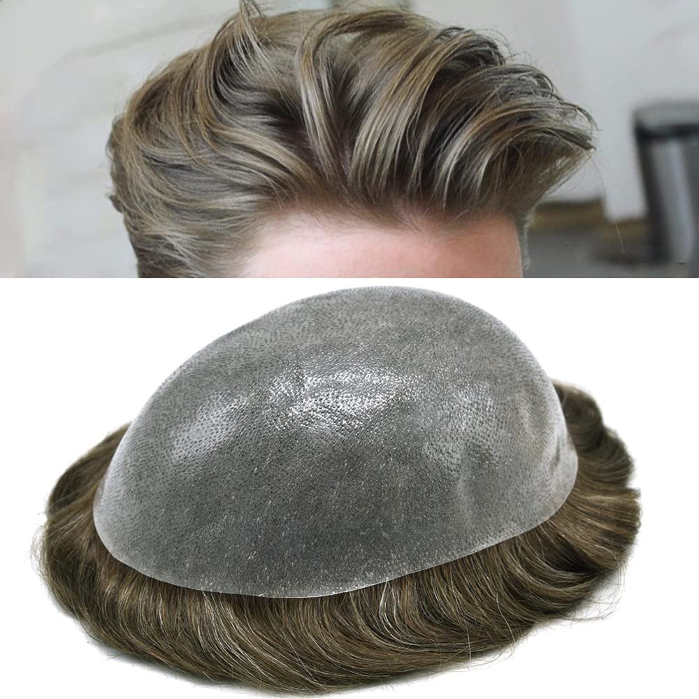 Toupee For Men Real Human Hair Replacement System Mens Toupee Hair Pieces Poly Men Hair System Durable Invisible Hair Pieces For Men8x10''-100% light to Medium density#440 4# MEDIUM BROWN+40% GREY