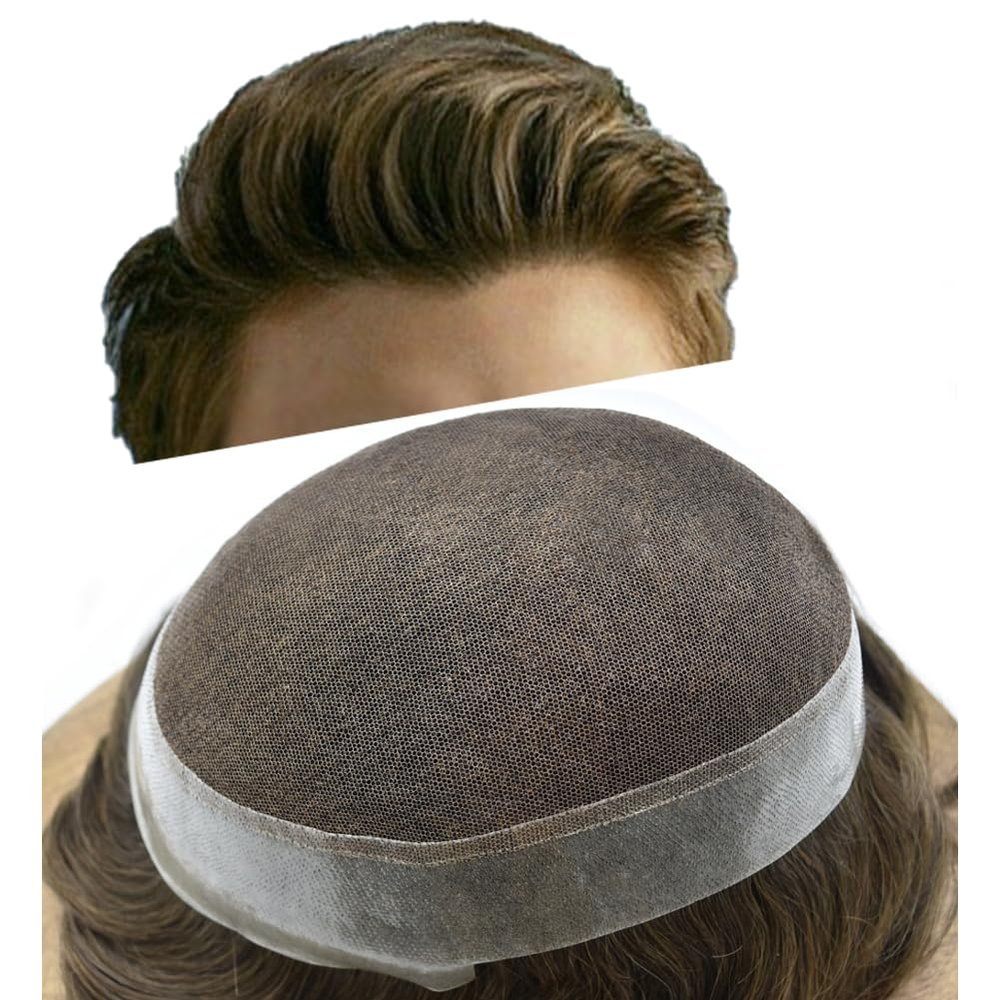 Toupee For Men Hair Replacement System Soft Swiss Lace Mens Toupee Hair Pieces Real Human Hair Bleached Knots Hair System For Men7x9Medium light to Medium density#410 4# MEDIUM BROWN+10% GREY